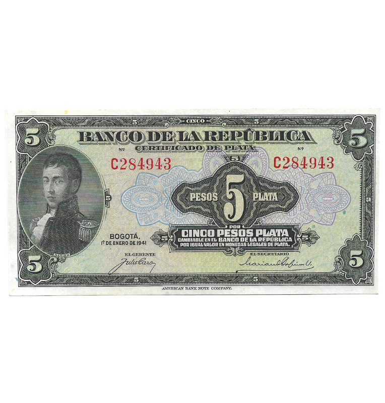 Colombia 5 Pesos Plata 1 Enero de 1941 NO UNC